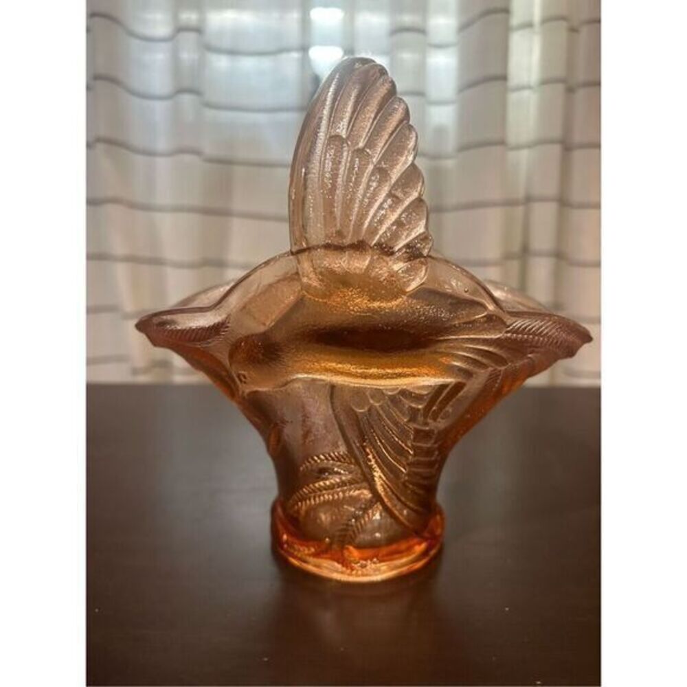 Vintage Tiara By Indiana Glass Pink Hummingbird Basket Vase 7 1/4" Tall